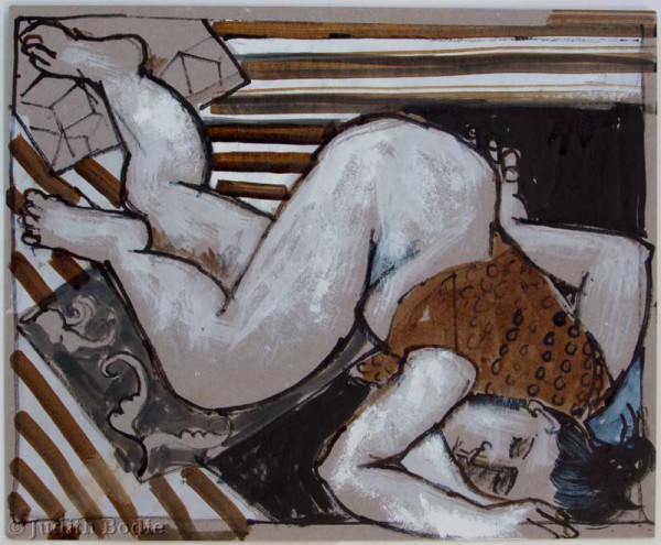 Female reclining in brown vest