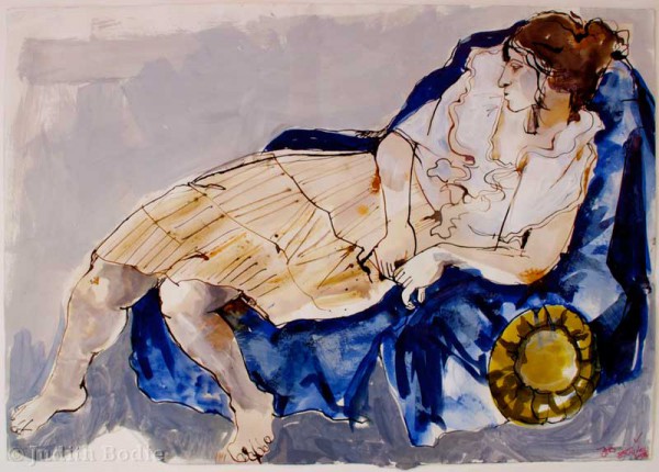 Female reclining in dress on blue cloth