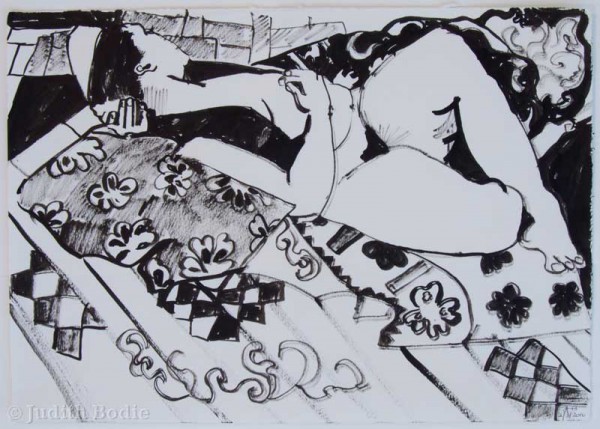 Female reclining on patterned cloth