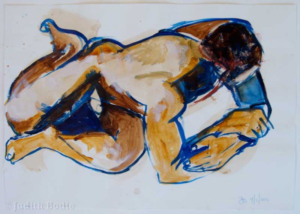 Male nude reclining on folded arms