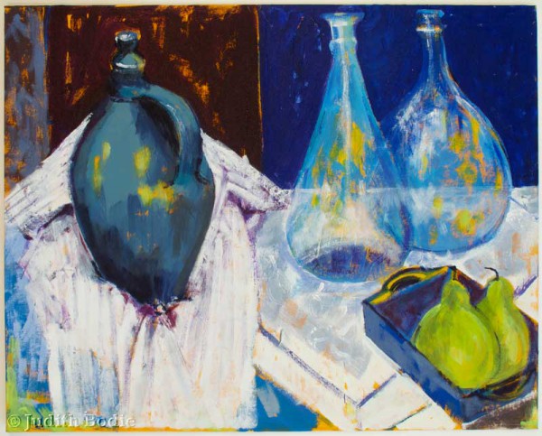 Still life of bottles and vases
