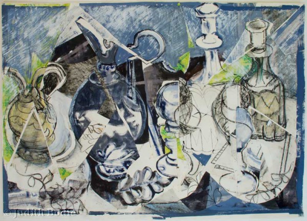 Still life of vases, decanters and glasses