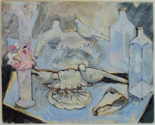 Still life with birds and bottles