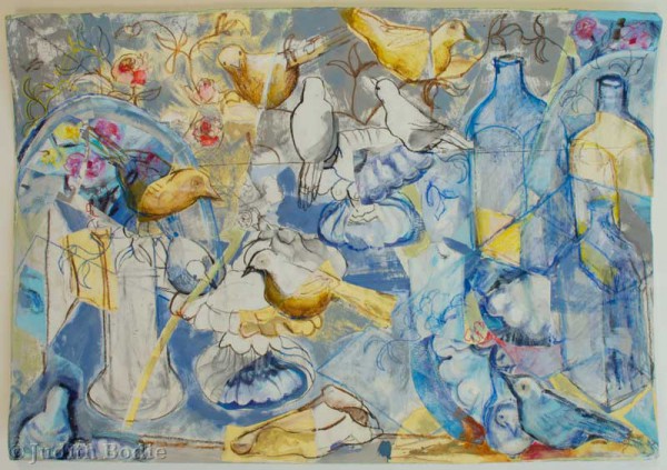 Still life with gold birds and blue bottles