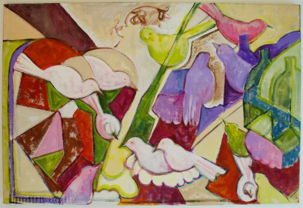 Still life with purple birds and green bottles