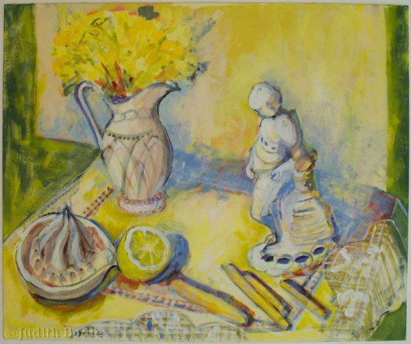 Yellow still life of daffodils, lemon squeezer and statue